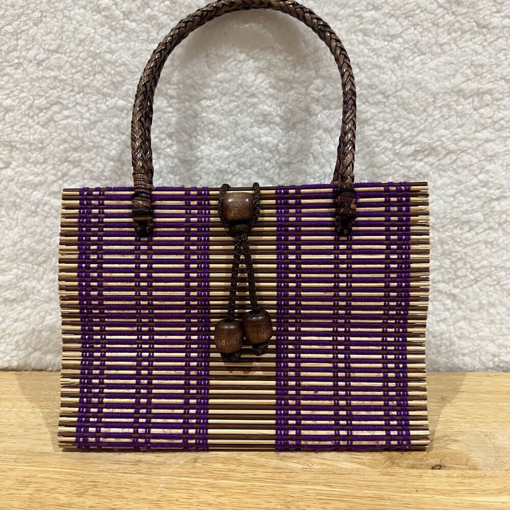 Rattan Woven Purple  Purse Handbag w/ Handmade Beaded Closure & Braided Handles